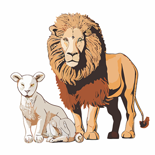 Create a drawing of a detail lion and lamb Flat vector art white background cut out