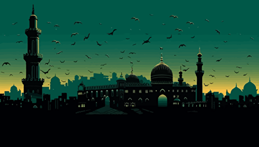 mosque with kaaba silhouette, with islamic holiday images, islamic symbol vector of hajj, in the style of dark green and yellow, minimalist backgrounds, uhd image, daan roosegaarde, dark sky-blue and dark brown Pixar style