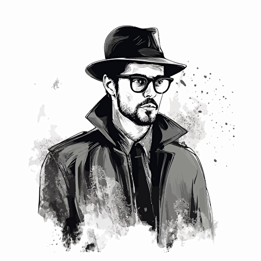 man with glasses using hat and black coat, doodle vector ilustration