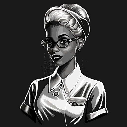 black and white 2d vector art of a dental assistant dressed in drag fabolous