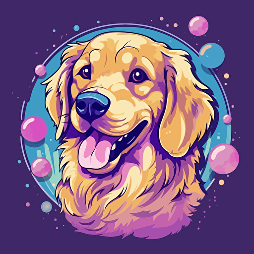 A vector logo of a golden retriever with bubbles, simple, memorable, sincere, honest, wholesome, down-to-earth, purples, blues