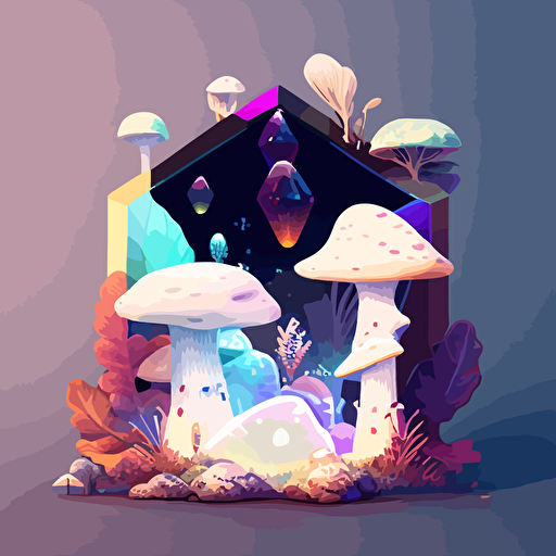 a spiritual and healing and otherwordly world for an instagram post, dream like and healing with crystals and beautiful ethereal creations in a vector or illustrated style with mushrooms