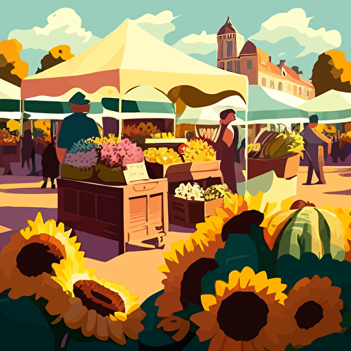 Influenced by Vincent van Gogh's "Sunflowers," create a vector illustration of a countryside farmers' market where the stalls are adorned with sunflowers, and people are browsing the fresh produce. Set the scene on a sunny morning.