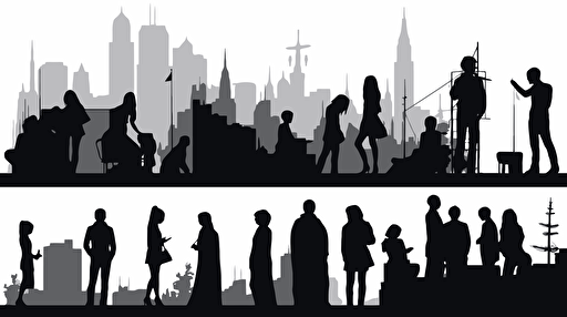 set of silhouettes of people in the city, tokyo, flat design, vector illustration, black and white, isolated elements, simple white background