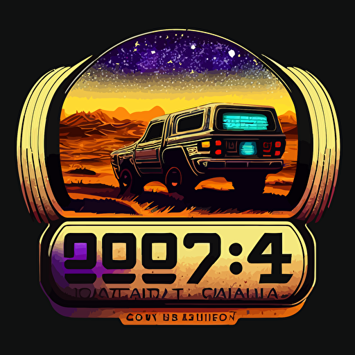 vector style Toyota Landcruiser odometer reading 999,999 showing a galaxy through the window include a logo that reads restaurantnd the end of the galaxy