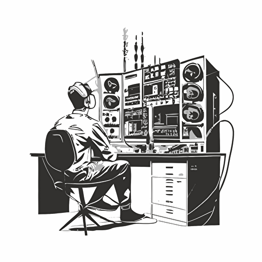 vector illustration of a person seated in a control room, black and white, white background
