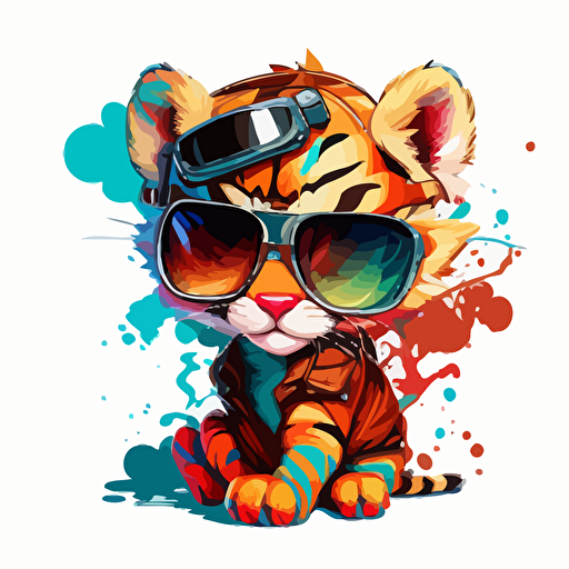 a very cute baby tiger wearing very big sunglasses, as a cartoon type, as a vector, white background, bright graffiti colors