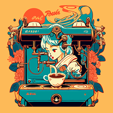 espresso portafilter 1980s studio ghibli anime, james jean, high resolution, flat vector art, bright colors