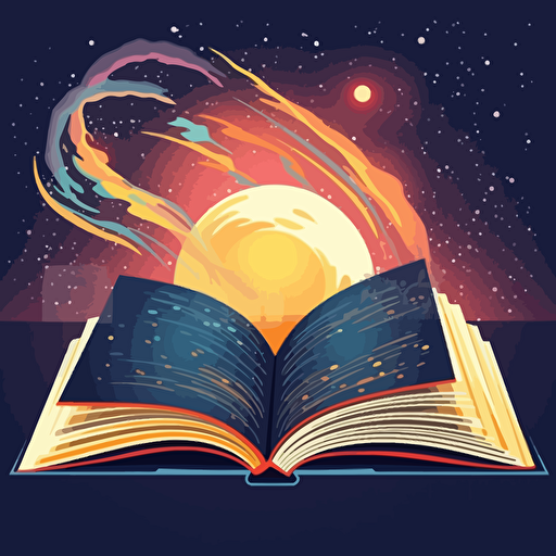 an open book with a universe coming out of the pages, vector, art