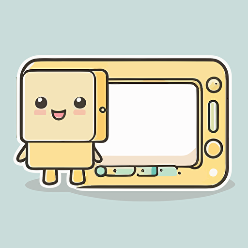 vector sticker design, transparent background, rectangle wide border plain inside, cute kawaii style, small robot in lower right corner smiling,pastel yellow tones