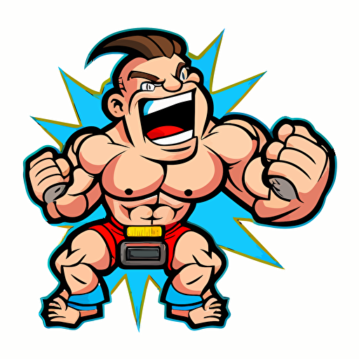 a muscular video gamer, Sticker, Happy, Adorable, Primary Color, Cartoon, Contour, Vector, White Background, Detailed,