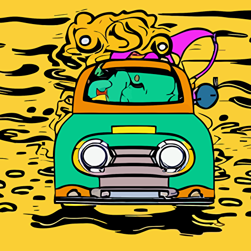 pop wonder nft monkey racer hot rod oversized character driving fast vehicle wading goopy muck slithering castle delights melted cheesy day hand drawn vector svg cult classic comic style