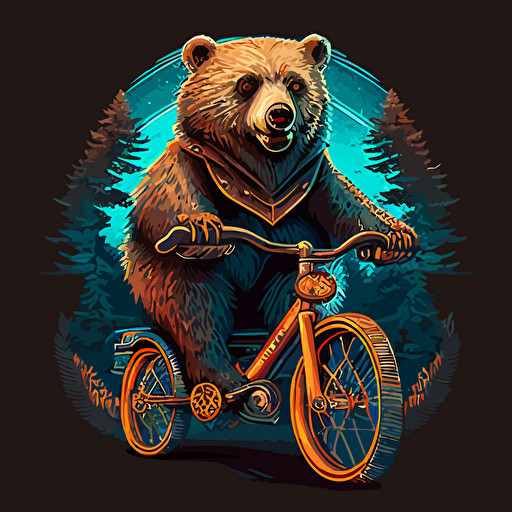a bear riding a bike, highly detailed vector illustration, bicolor, fisheye, top view, 45° angle v5