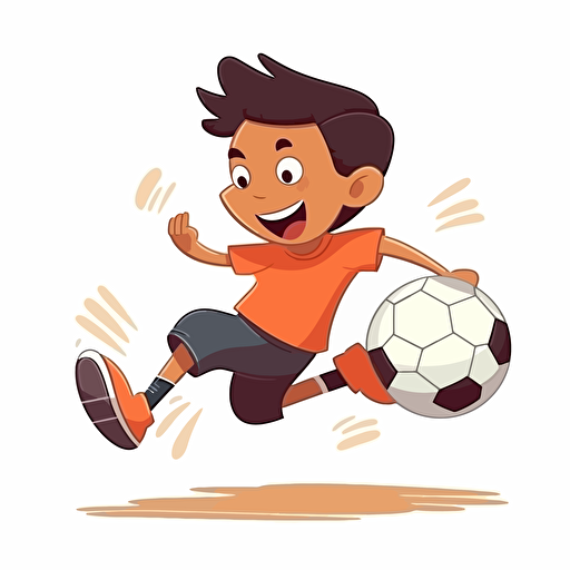 Vector illustration of 9 years old black boy kicking a soccer ball with white background
