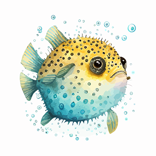 watercolor hand drawn pufferfish, cartoon style, vector