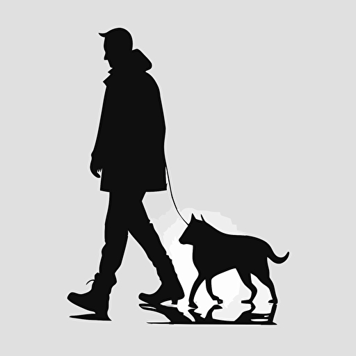 A logo of a person walking a dog in a simple vector style with only black and white colors and no background