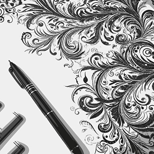 a sheet of multiple black pen on white paper, flat vector, page break ornaments, flourishes