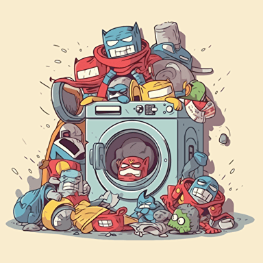 a pile of superhero underpants and superhero costumes on the floor next to the washing machine, cartoon, funny, 2d, vector