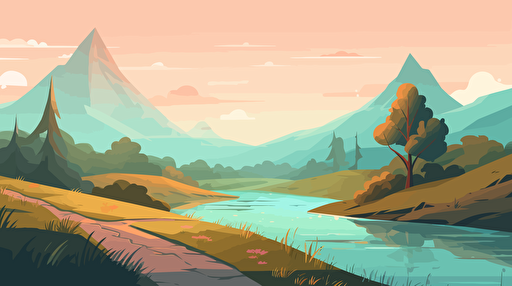 vector illustration of Landscape with trees , a mountain, a lake, multiple paths leading into the horizon.
