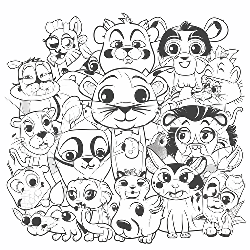 Jungle animals, such as tigers, monkeys, and parrots, big cute eyes, pixar style, simple outline and shapes, coloring page black and white comic book flat vector, white background