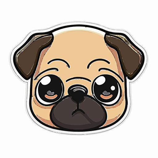 Cute, happy, smiling pug dog head sticker logo, chibi style, cartoon, clean, vector, 2d, white background, no accessories, without accessories, no text, without text