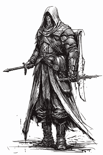 cloaked heavy armor fighter with greatsword and longbow on white background, vector, illustration