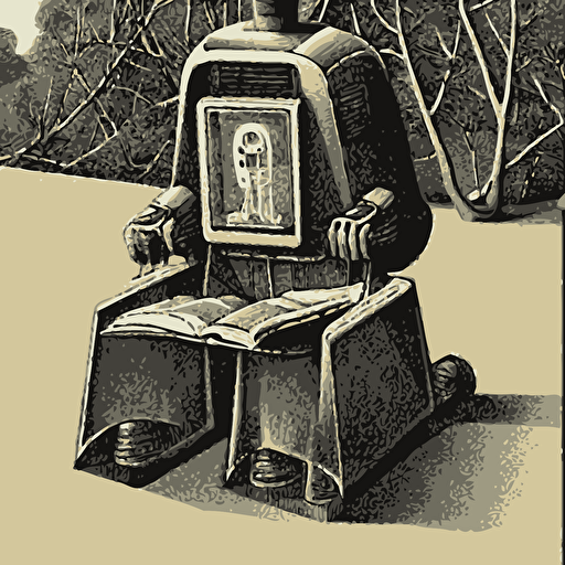 retro dark vintage sci fi 2d matte illustration robot reading book park art szukalski beksinski