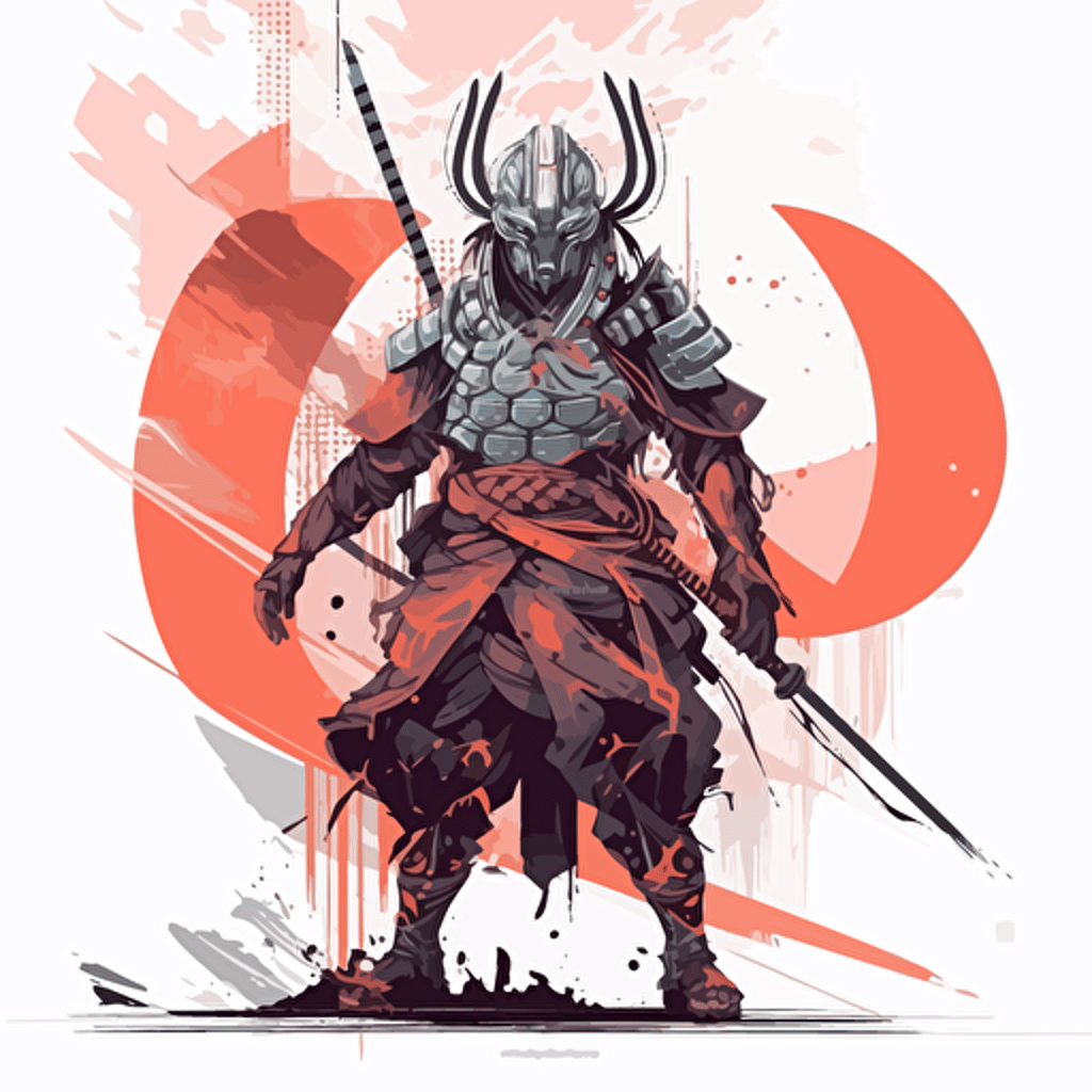 nanopunk style samurai warrior, ancient, futuristic, 2d, vector, white background