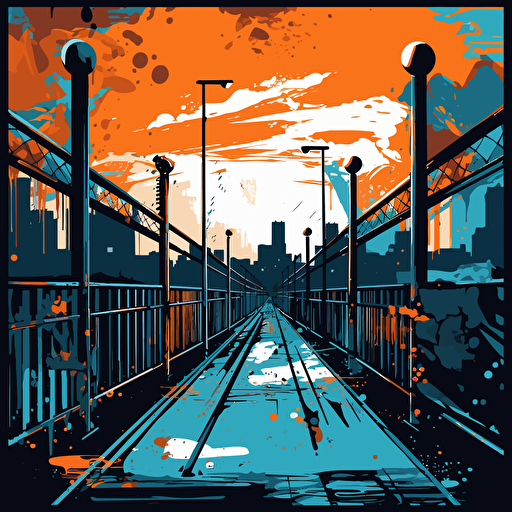 a vector image on a bridge with a prison in the distance, blue and orange and dark gray, graffiti style