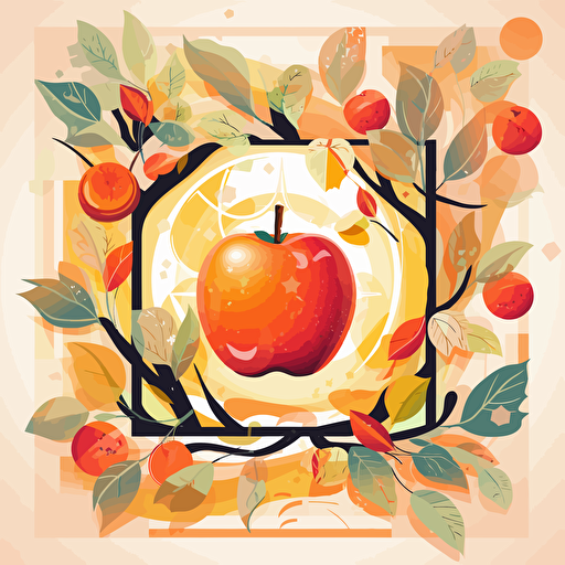 open apple illustration with framed botanical ornaments simplified illustration with a shinning sun using the illustrator illustration styles, vectorized, moder pantone colorful pallet