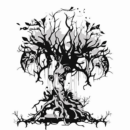 black and white vector image of magical tree decaying