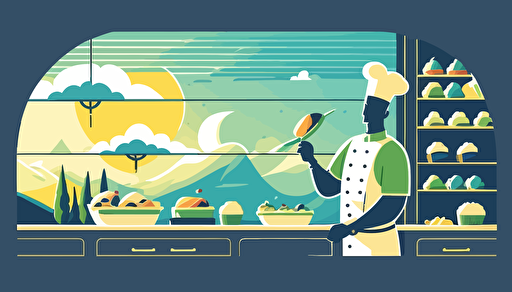 flat modern style illustration, baker silhouette with positive calm colors blue and yellow and green, calm view on background, 2d vector