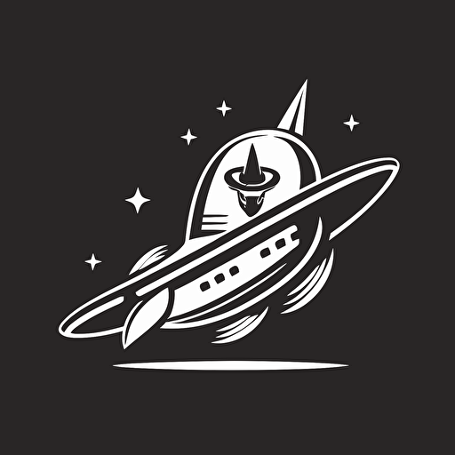 a flat vector logo, minimal, black and white, of a rocketship wearing a cowboy hat