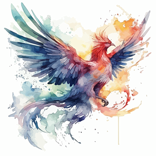 Vector illustration of Ethereal Phoenix, watercolour masterpiece, Ethereal Twilight color scheme, White background, Mystical Encounters