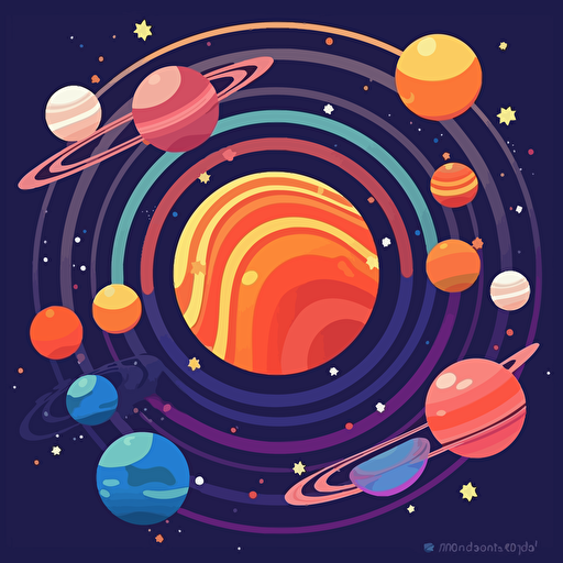 vast galaxy full of planets, stars, stylized, vector art, vector logo, emblem, simple, 2D