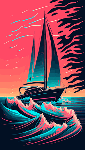 yacht on see, waves, flat abstract minimalistic vector style, vibrant neon colors, pink, light blue