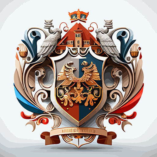 Family coat of arms with the core elements of architecture, construction, art and design, vector