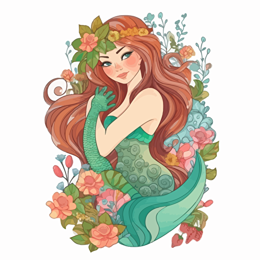 beautiful mermaid, detailed, cartoon style, 2d clipart vector, creative and imaginative, floral, hd, white background