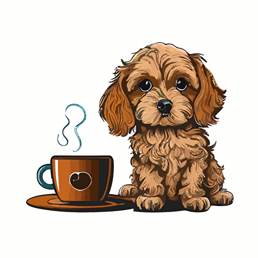 cavapoo with long ears next to a cup of coffee, vector art logo design, cartoonistic style, white background