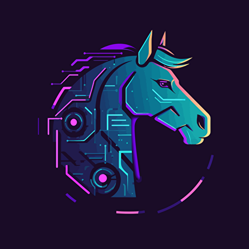 flat vector simple logo of a cyberpunk horse with circuts, blocky, centered, only solid colours