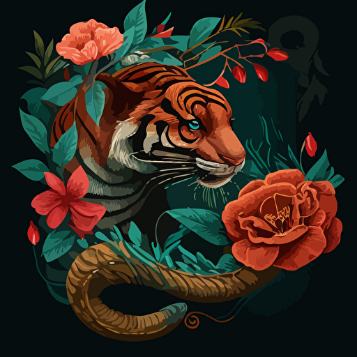 a tiger with a snake digital art with a hibisucous vectorial style