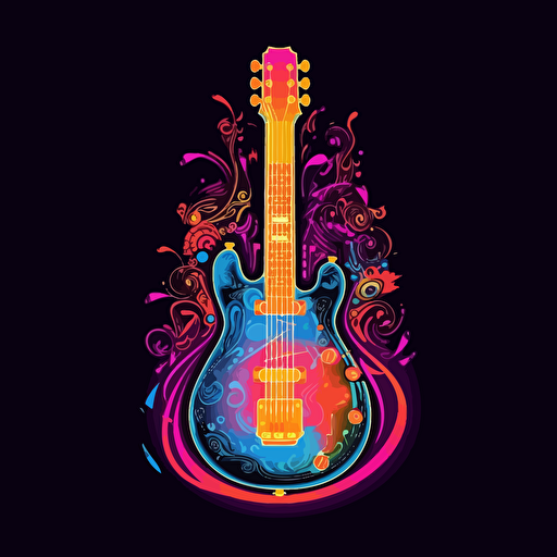electric guitar, surrounded by elegant musical motifs, 2d vector, neon colours, epic composition, vector design on the edges of the image