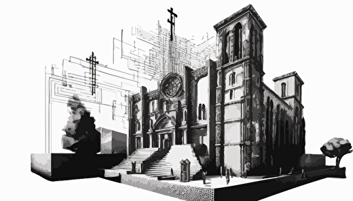 A detailed technical 3-dimensional sketch of a dense latent voxel space with only thin arrows of a machine learning model architecture analysis of an image of a Christian religious icon, with religous building in the background with thousands of arrows, an image consisting of a lot of vectors, a charcoal sketch with white background