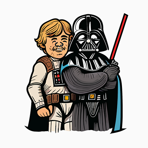 Darth vader and luke skywalker hugging and smiling, Clipart, Joyful, Primary Color, comic style, Contour, Vector, White Background, Detailed