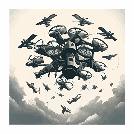 Victorian line illustration of a swarm of drones, dji, high in clouds, vector illustration,