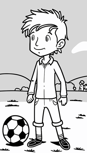 boy playing soccer, soccer ball, happy, in park, cartoon illustration, black and white coloring page for kids, flat vector