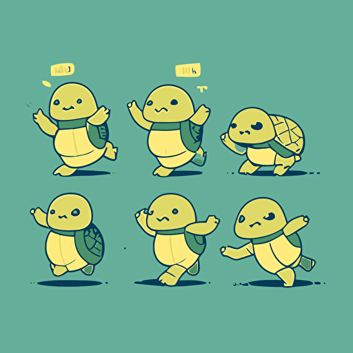 expressive cartoon turtles poses, vector, minimal, flat, contemporary, simple, fun