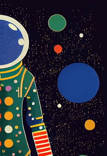 Astronaut , Concept art, stylized, in the style of Lauren Tamaki, Sonia Delaunay, Jon Mcnaught, Lisa Congdon, beksinski, solid colours, vectorised