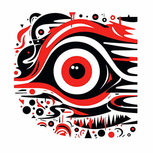 an abstract drawing of an eye looking confused a little happy and suprised, vector black and white, background red