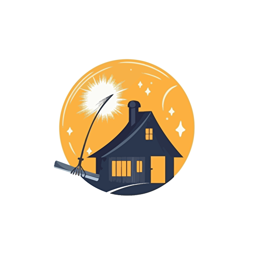 logo, cleaning service, vector, simple, minimalist, modern, white background, broom, stars, house, window**